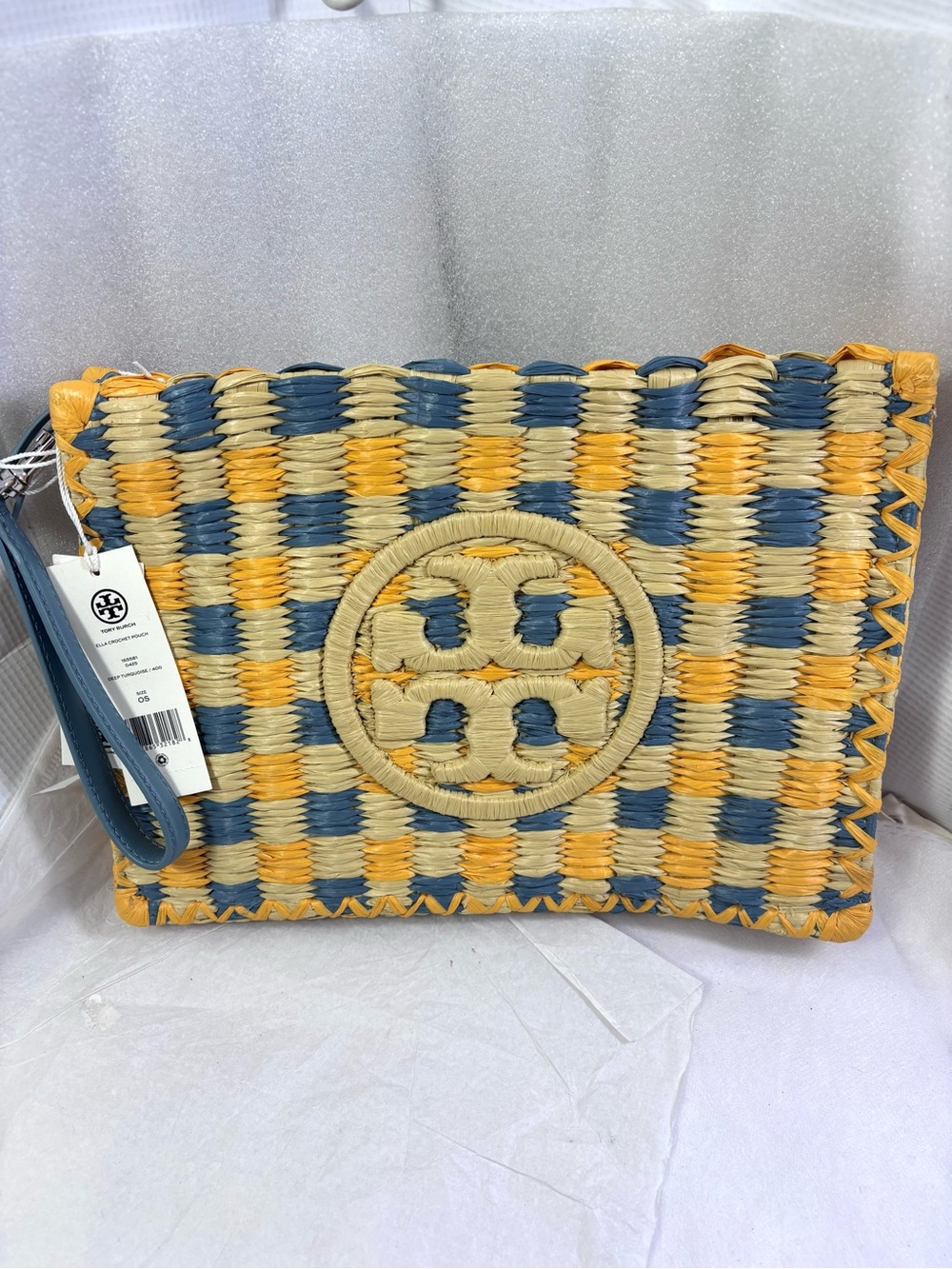Tory Burch Ella Raffia Pouch. Deep Turquoise. - Picture 3 of 15
